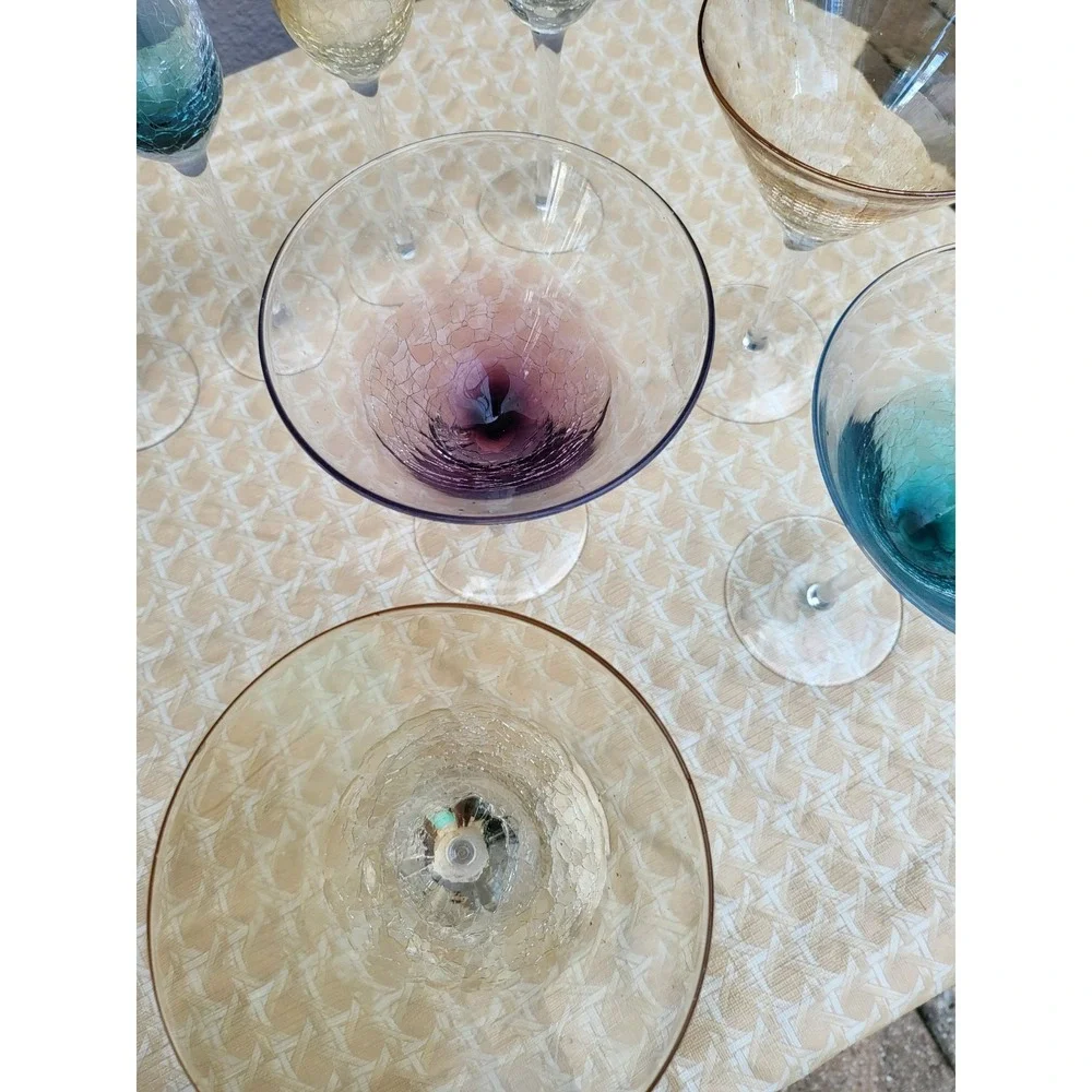 Pier 1 Multicolor Crackle & Dotted Martini/Champange Glass Barware Set of 6